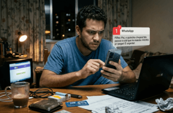 Homem preocupado olhando para celular recebendo mensagem falsa de urgência no WhatsApp, ilustrando a anatomia de um golpe de engenharia social.