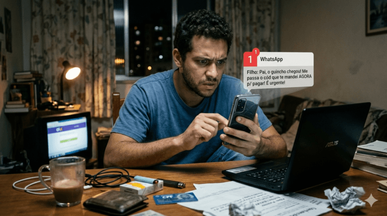 Homem preocupado olhando para celular recebendo mensagem falsa de urgência no WhatsApp, ilustrando a anatomia de um golpe de engenharia social.