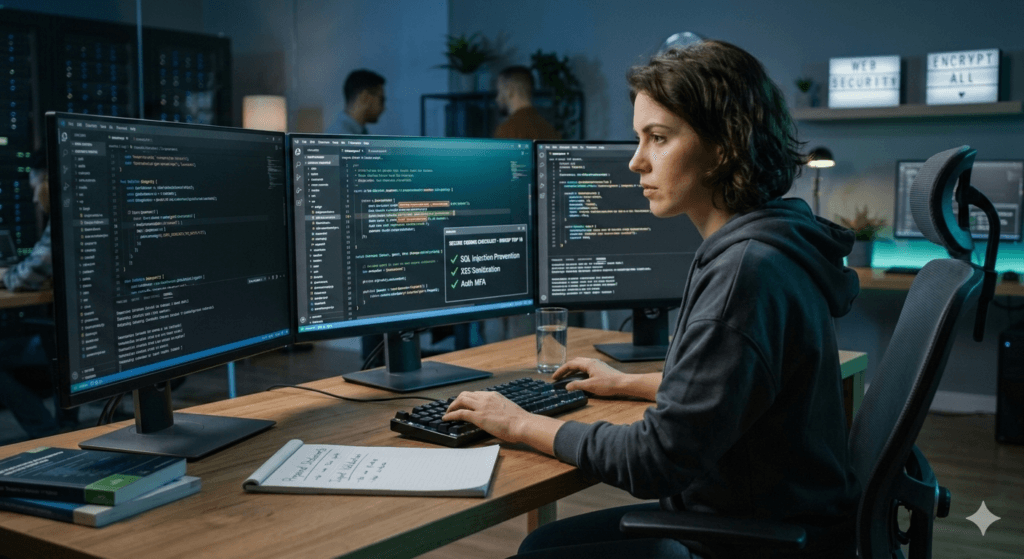 Uma desenvolvedora de software focada, sentada em uma estação de trabalho moderna com três monitores, analisando linhas de código e uma lista de verificação de segurança (OWASP Top 10) para implementar práticas de Desenvolvimento Web Seguro (Secure Coding).