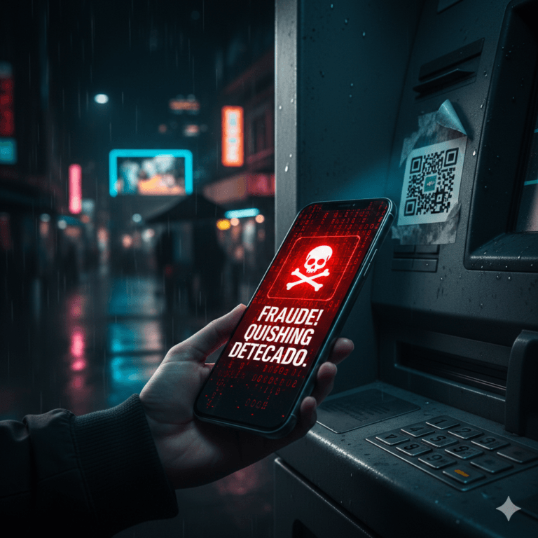 Smartphone escaneando QR Code falso com alerta digital de Quishing e roubo de dados bancários.