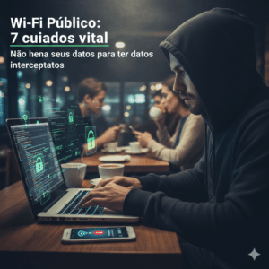 Homem usando notebook em cafeteria com sobreposição gráfica de cadeados digitais e conexões Wi-Fi, representando proteção contra interceptação de dados em redes públicas.