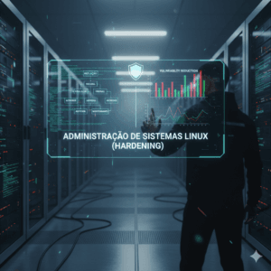 Administração de Sistemas Linux (Hardening) em um data center moderno com interface holográfica de segurança.