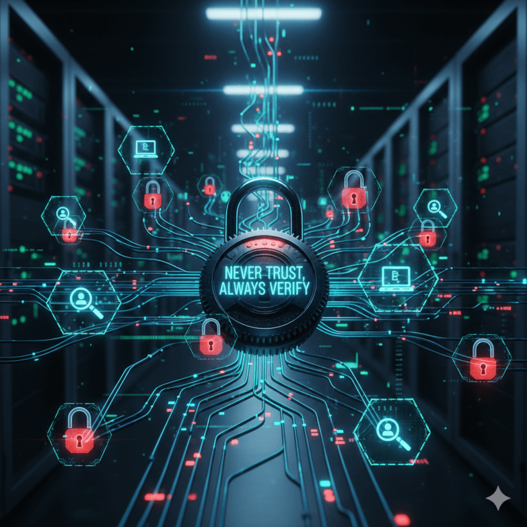 Fotografia realista de um data center moderno com luzes LED neon azuis e verdes, destacando um cadeado digital centralizado com o texto "Never Trust, Always Verify" em um ambiente de segurança Zero Trust.