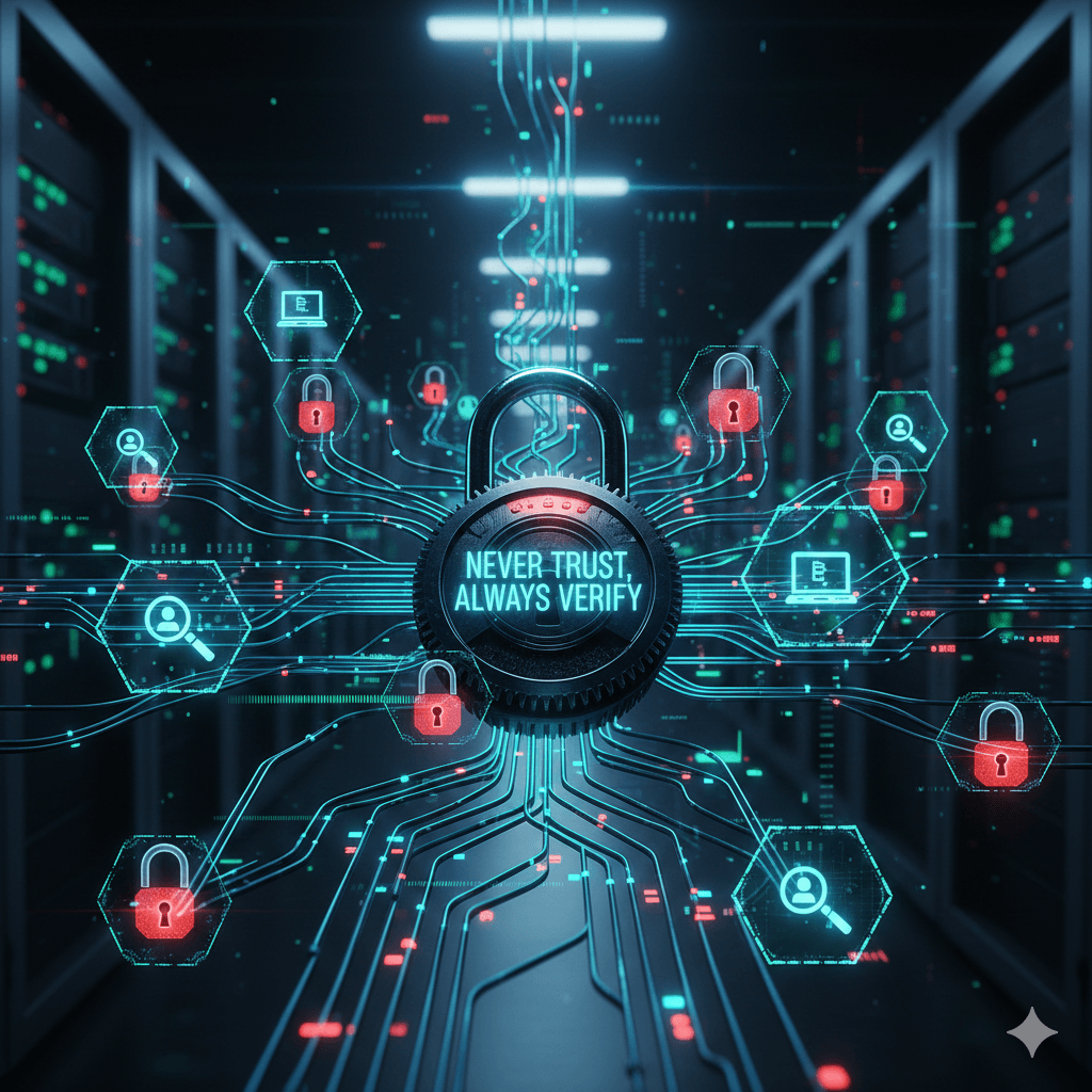 Fotografia realista de um data center moderno com luzes LED neon azuis e verdes, destacando um cadeado digital centralizado com o texto "Never Trust, Always Verify" em um ambiente de segurança Zero Trust.