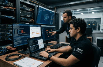 Dois especialistas em TI analisando vulnerabilidades em servidores de infraestrutura e realizando pentest em ambiente de datacenter.