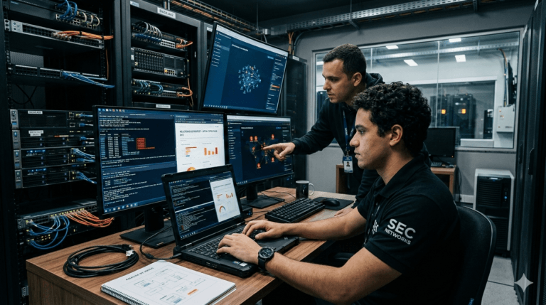Dois especialistas em TI analisando vulnerabilidades em servidores de infraestrutura e realizando pentest em ambiente de datacenter.