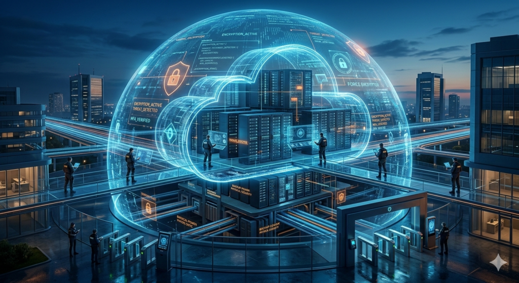 Uma fotografia realista e detalhada de um complexo de data center futurista e seguro, onde uma cúpula transparente e brilhante, repleta de códigos de criptografia e protocolos de segurança (como 'MFA_VERIFIED'), envolve uma estrutura central de servidores em forma de nuvem. Técnicos de segurança com uniformes táticos e tablets monitoram a infraestrutura em passarelas de vidro sob a luz do anoitecer.