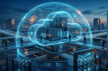 Uma fotografia realista e detalhada de um complexo de data center futurista e seguro, onde uma cúpula transparente e brilhante, repleta de códigos de criptografia e protocolos de segurança (como 'MFA_VERIFIED'), envolve uma estrutura central de servidores em forma de nuvem. Técnicos de segurança com uniformes táticos e tablets monitoram a infraestrutura em passarelas de vidro sob a luz do anoitecer.
