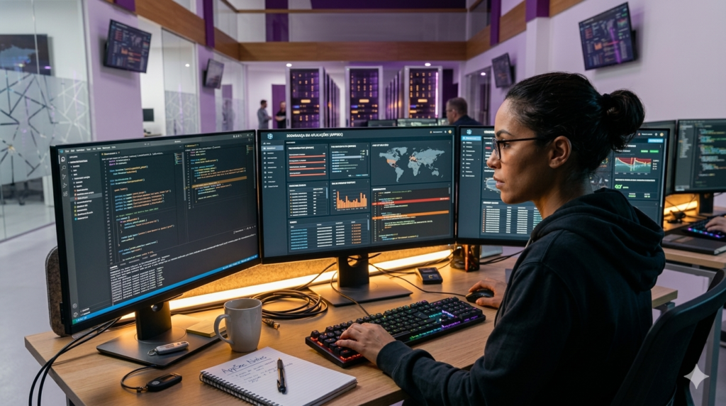 Uma analista de segurança cibernética focada em monitorar dashboards de AppSec em um moderno Centro de Operações de Segurança (SOC) com iluminação ambiente amarela e roxa e alta profundidade de cenário.