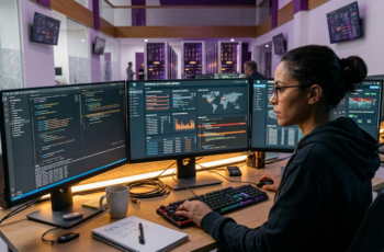 Uma analista de segurança cibernética focada em monitorar dashboards de AppSec em um moderno Centro de Operações de Segurança (SOC) com iluminação ambiente amarela e roxa e alta profundidade de cenário.