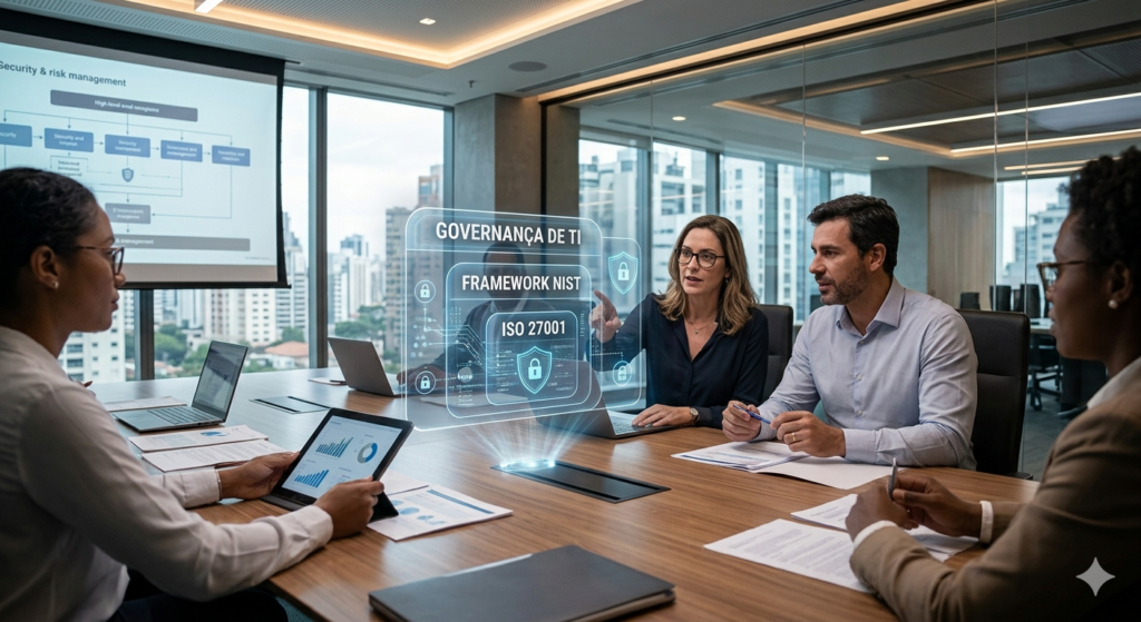 Executivos em reunião de diretoria analisando holograma com texto "Governança de TI", "Framework NIST" e "ISO 27001".