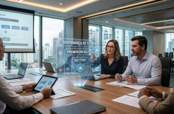 Executivos em reunião de diretoria analisando holograma com texto "Governança de TI", "Framework NIST" e "ISO 27001".