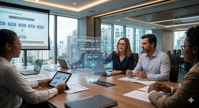 Executivos em reunião de diretoria analisando holograma com texto "Governança de TI", "Framework NIST" e "ISO 27001".