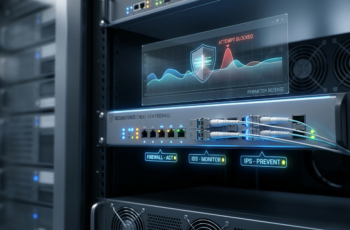 Aparelho de rede de alta tecnologia com tela holográfica e indicadores LED para firewall, IDS e IPS, representando a defesa de perímetro em um servidor profissional.