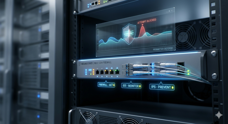 Aparelho de rede de alta tecnologia com tela holográfica e indicadores LED para firewall, IDS e IPS, representando a defesa de perímetro em um servidor profissional.