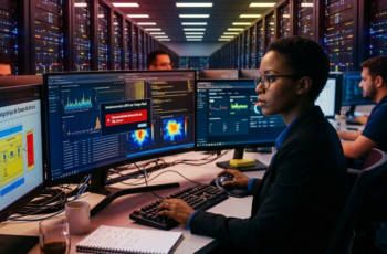 Mulher negra especialista em TI monitorando segurança de banco de dados e conformidade LGPD em um data center moderno com servidores iluminados em tons de vermelho, azul e amarelo.