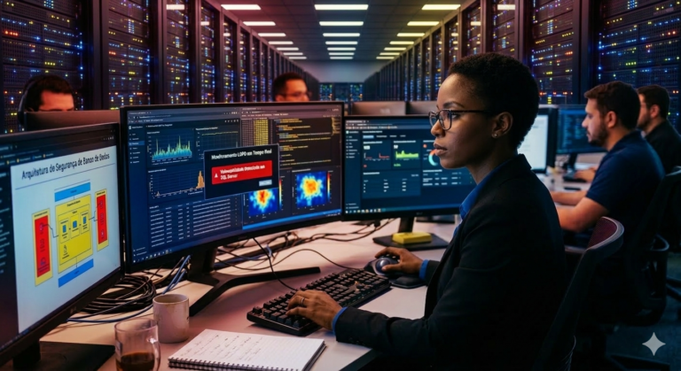 Mulher negra especialista em TI monitorando segurança de banco de dados e conformidade LGPD em um data center moderno com servidores iluminados em tons de vermelho, azul e amarelo.