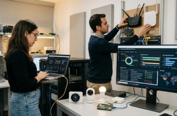 Uma analista de cibersegurança e um engenheiro de rede trabalhando em um laboratório de TI focado na Segurança em Redes Sem Fio e IoT. Eles monitoram dashboards com dados de tráfego, configuram roteadores e verificam dispositivos inteligentes conectados (lâmpada, câmera, termostato), demonstrando a proteção de um ambiente IoT contra ameaças digitais.
