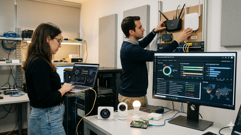Uma analista de cibersegurança e um engenheiro de rede trabalhando em um laboratório de TI focado na Segurança em Redes Sem Fio e IoT. Eles monitoram dashboards com dados de tráfego, configuram roteadores e verificam dispositivos inteligentes conectados (lâmpada, câmera, termostato), demonstrando a proteção de um ambiente IoT contra ameaças digitais.