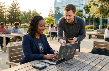 Uma mulher negra e um homem branco em um ambiente aberto e claro, com luz do sol à tarde, trabalhando em notebooks sobre criptografia assimétrica e PKI, com outras pessoas ao fundo.