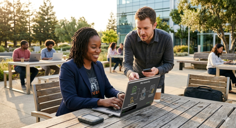 Uma mulher negra e um homem branco em um ambiente aberto e claro, com luz do sol à tarde, trabalhando em notebooks sobre criptografia assimétrica e PKI, com outras pessoas ao fundo.