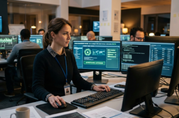 Fotografia realista de um especialista em segurança da informação operando um sistema de Gestão de Identidade e Acessos (IAM) em múltiplos monitores com dashboards de autenticação e controle de permissões em um centro de operações moderno.