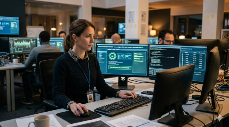 Fotografia realista de um especialista em segurança da informação operando um sistema de Gestão de Identidade e Acessos (IAM) em múltiplos monitores com dashboards de autenticação e controle de permissões em um centro de operações moderno.