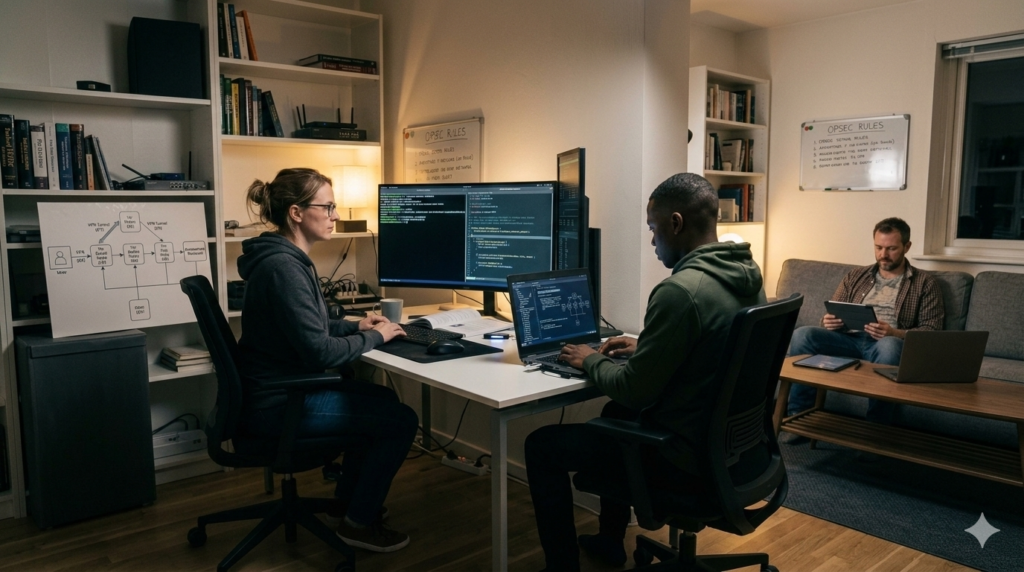 Três especialistas em cibersegurança configurando ambiente de navegação 100% anônimo com VPN e rede Tor em escritório tecnológico.