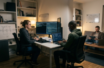 Três especialistas em cibersegurança configurando ambiente de navegação 100% anônimo com VPN e rede Tor em escritório tecnológico.