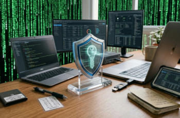 Cenário de mesa de trabalho realista com múltiplos computadores e monitores exibindo dashboards de segurança e uma cascata de código verde estilo Matrix ao fundo, com um escudo de vidro central projetando uma chave virtual brilhante, ilustrando métodos para gerenciar senhas de forma segura sem depender de um único software.