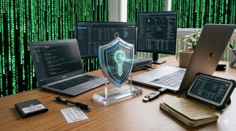 Cenário de mesa de trabalho realista com múltiplos computadores e monitores exibindo dashboards de segurança e uma cascata de código verde estilo Matrix ao fundo, com um escudo de vidro central projetando uma chave virtual brilhante, ilustrando métodos para gerenciar senhas de forma segura sem depender de um único software.