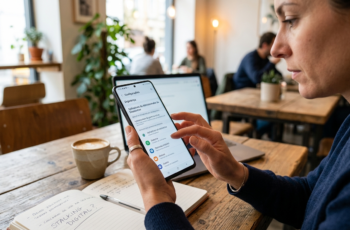 Uma mulher foca na tela de seu smartphone, verificando as configurações de segurança para identificar aplicativos espiões e garantir a proteção contra stalking digital.