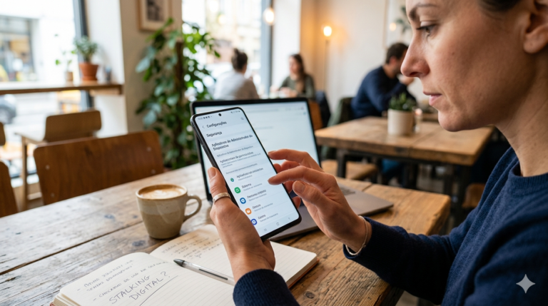 Uma mulher foca na tela de seu smartphone, verificando as configurações de segurança para identificar aplicativos espiões e garantir a proteção contra stalking digital.