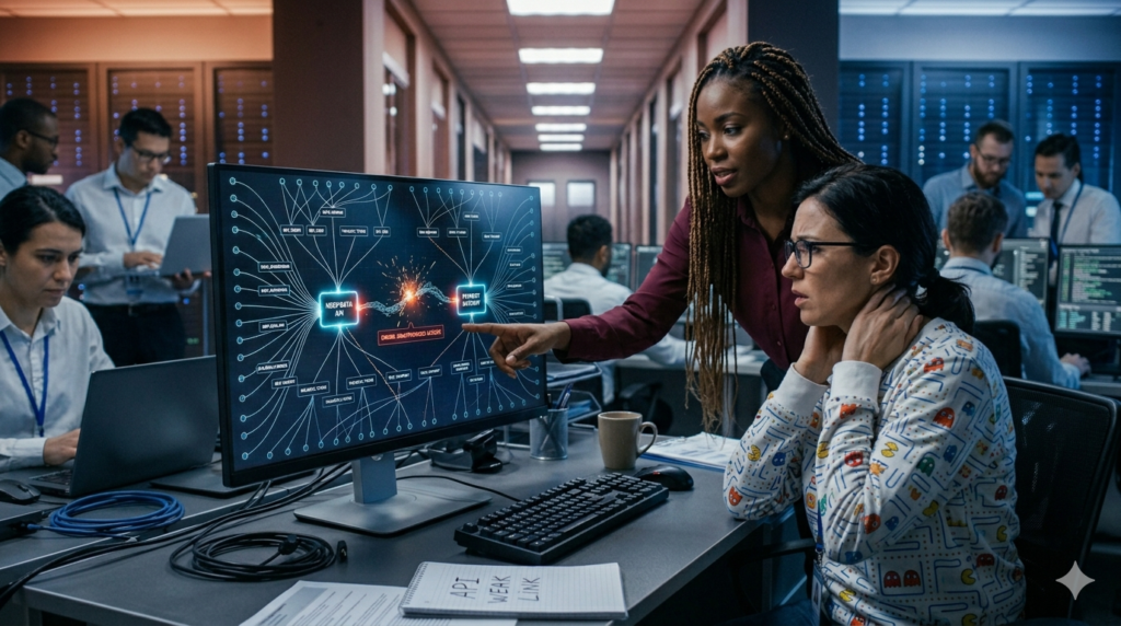 Uma especialista em cibersegurança e uma colega analisam um diagrama de rede em um monitor que mostra uma conexão de API quebrada. A colega, uma mulher negra de cabelos longos, aponta para o erro enquanto a analista sentada, agora usando uma blusa Pac-Man branca, observa. No fundo, um corredor de escritório movimentado com mais pessoas trabalhando.