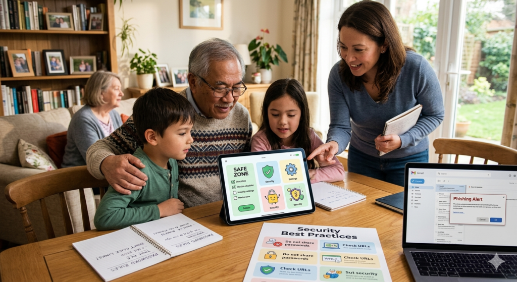 Família multigeracional reunida na mesa de jantar para uma sessão de educação digital sobre segurança na internet, com foco em segurança simples para crianças e idosos.