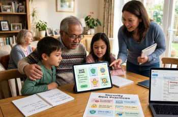Família multigeracional reunida na mesa de jantar para uma sessão de educação digital sobre segurança na internet, com foco em segurança simples para crianças e idosos.
