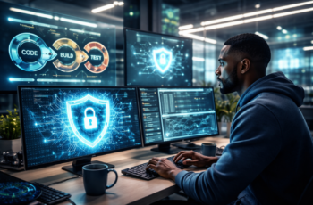 Engenheiro de software negro trabalhando com DevSecOps e segurança em múltiplos monitores