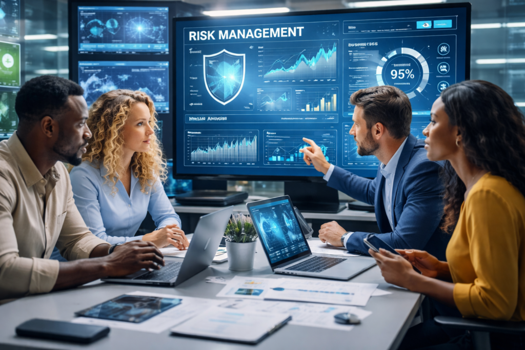 Equipe diversa analisando dados de gestão de riscos e continuidade de negócios em ambiente corporativo tecnológico