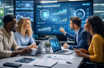 Equipe diversa analisando dados de gestão de riscos e continuidade de negócios em ambiente corporativo tecnológico