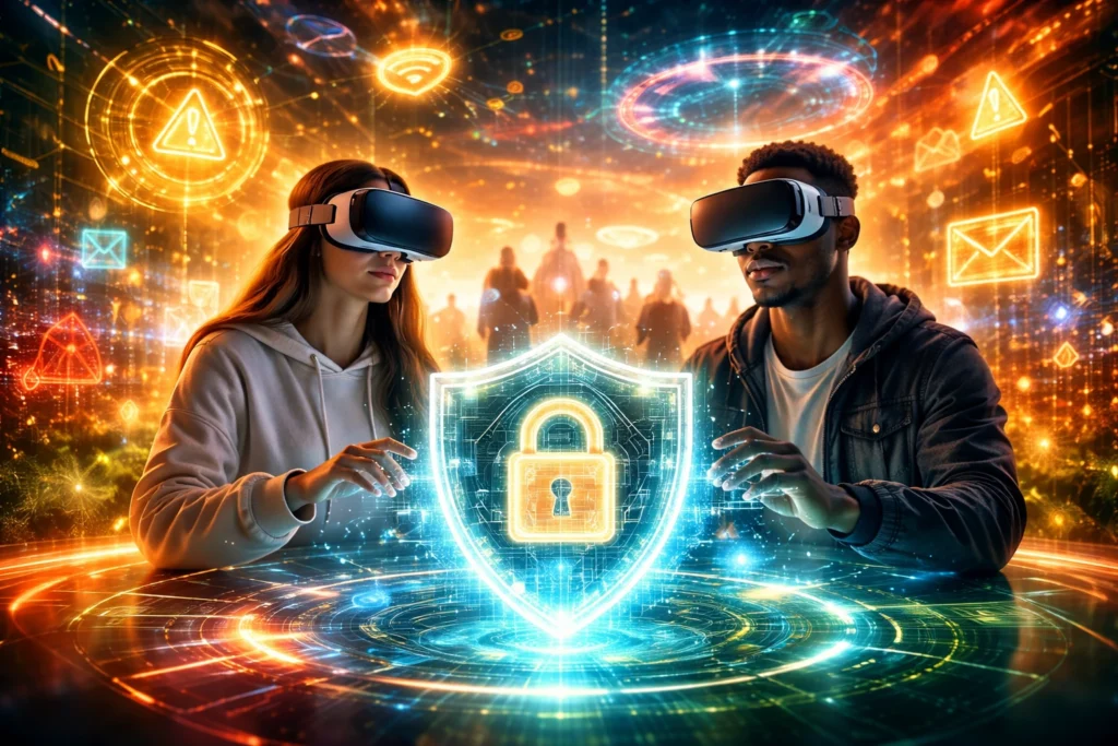 Casal utilizando realidade virtual interagindo com holograma de segurança digital em ambiente futurista com cores vibrantes
