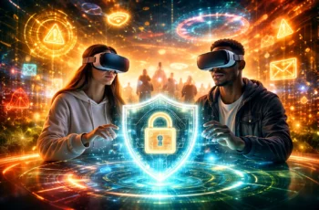 Casal utilizando realidade virtual interagindo com holograma de segurança digital em ambiente futurista com cores vibrantes