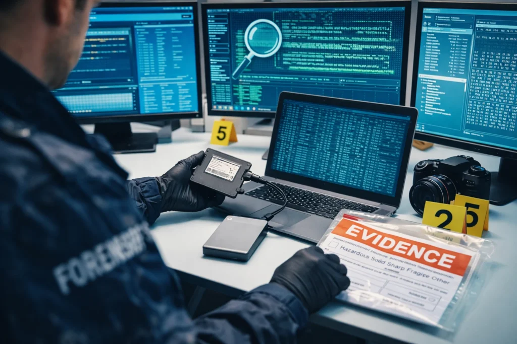 Especialista em forense digital analisando evidências em computador com múltiplas telas e dispositivos conectados