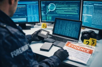 Especialista em forense digital analisando evidências em computador com múltiplas telas e dispositivos conectados