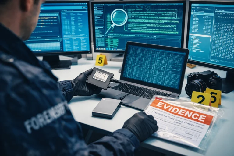 Especialista em forense digital analisando evidências em computador com múltiplas telas e dispositivos conectados