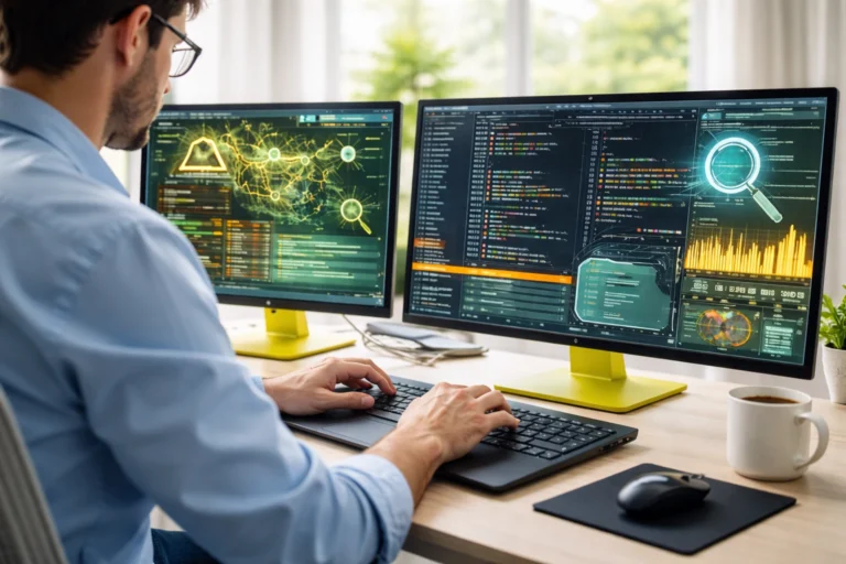 Análise de malware com análise estática em ambiente iluminado com múltiplos monitores coloridos