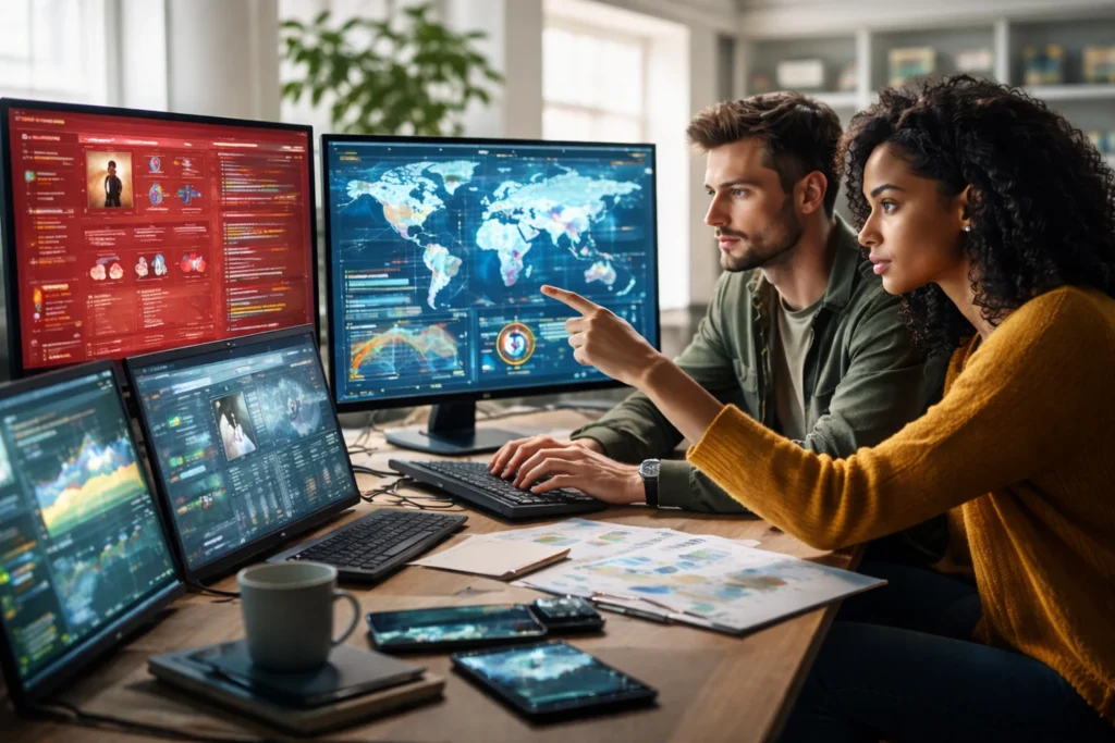 Investigação em fontes abertas OSINT com analistas analisando dados em múltiplos monitores coloridos