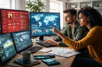 Investigação em fontes abertas OSINT com analistas analisando dados em múltiplos monitores coloridos