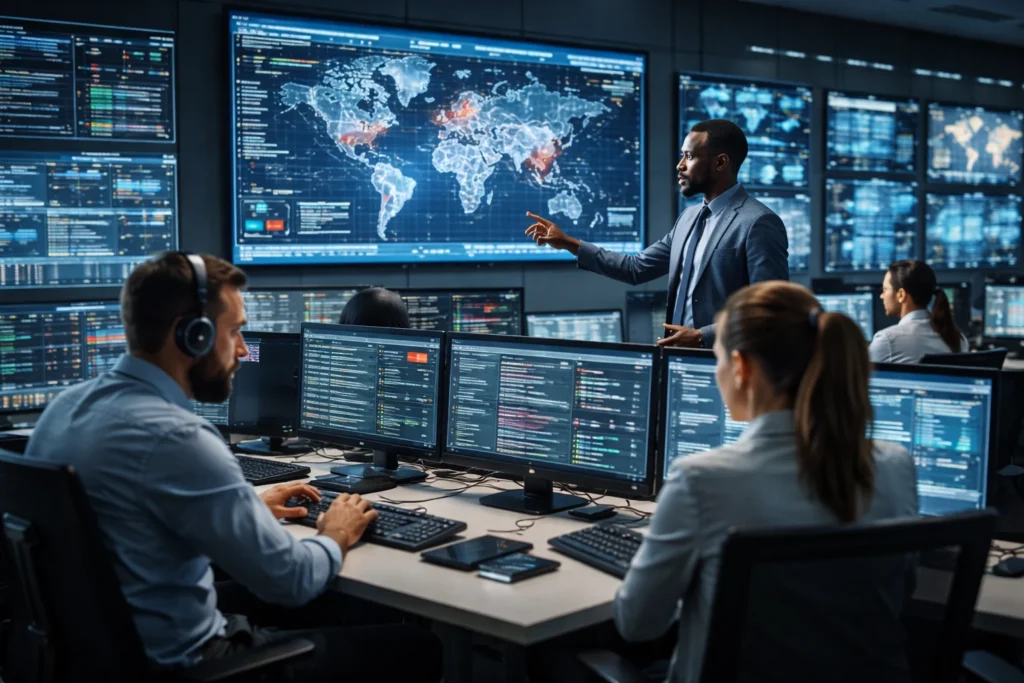equipe de especialistas em cibersegurança monitorando ameaças em tempo real em centro de operações digital
