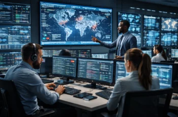 equipe de especialistas em cibersegurança monitorando ameaças em tempo real em centro de operações digital