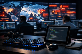 Ambiente de Centro de Operações de Segurança (SOC) monitorando Inteligência de Ameaças em tempo real com mapas globais e códigos de defesa